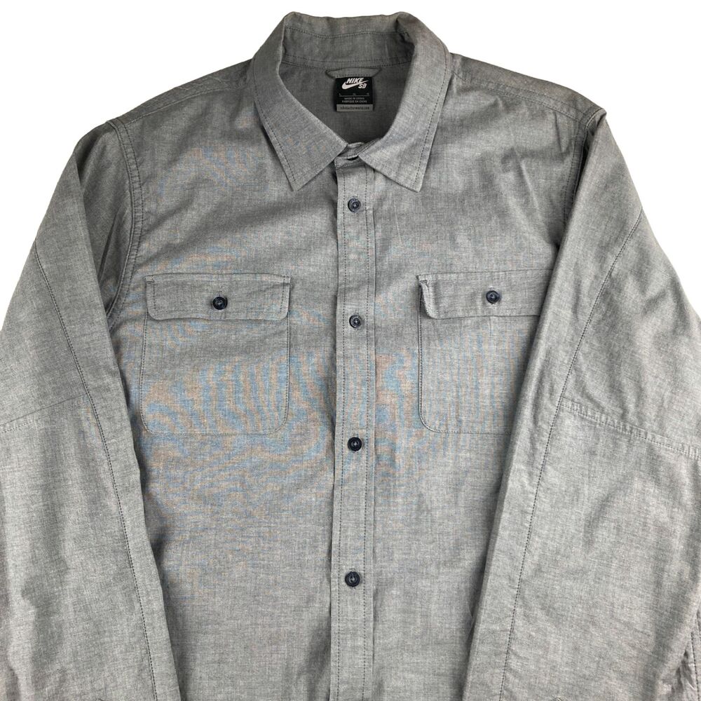 Nike SB Mens Large Gray Organic Cotton Button Up Skate Shirt Long Sleeve